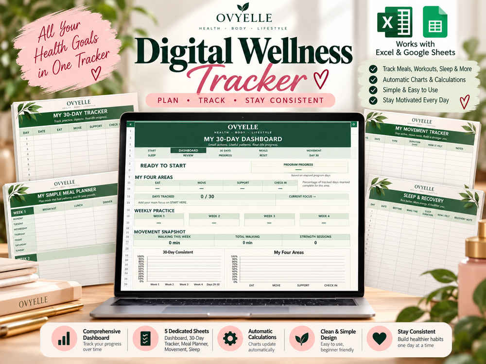 OVYELLE 30-Day Digital Wellness Tracker – Editable Excel wellness tracker with dashboard, meals, movement, hydration, sleep, habits and progress tracking.
